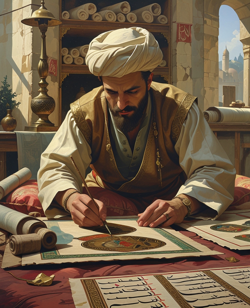 He placed the oil lamp just beside the cushion upon which I was seated, in a way that would illuminate my face along with my papers and the pages I was illuminating.