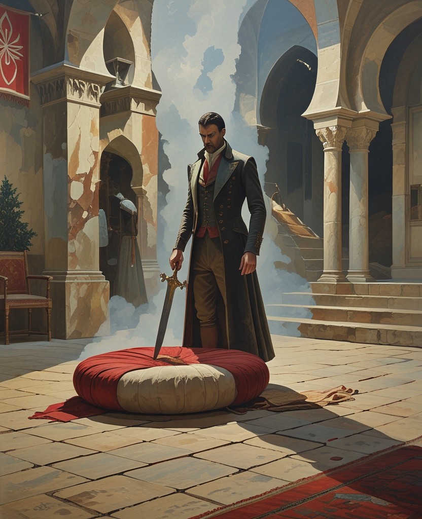 Black Effendi was so pleased with his interrogation of me that he was still circling the red cushion, dagger in hand.