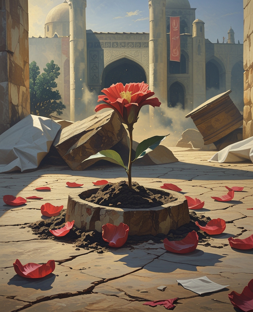 Your red blood, soon to flow, makes black dust rise from the dry earth, where later still, a flower will bloom.