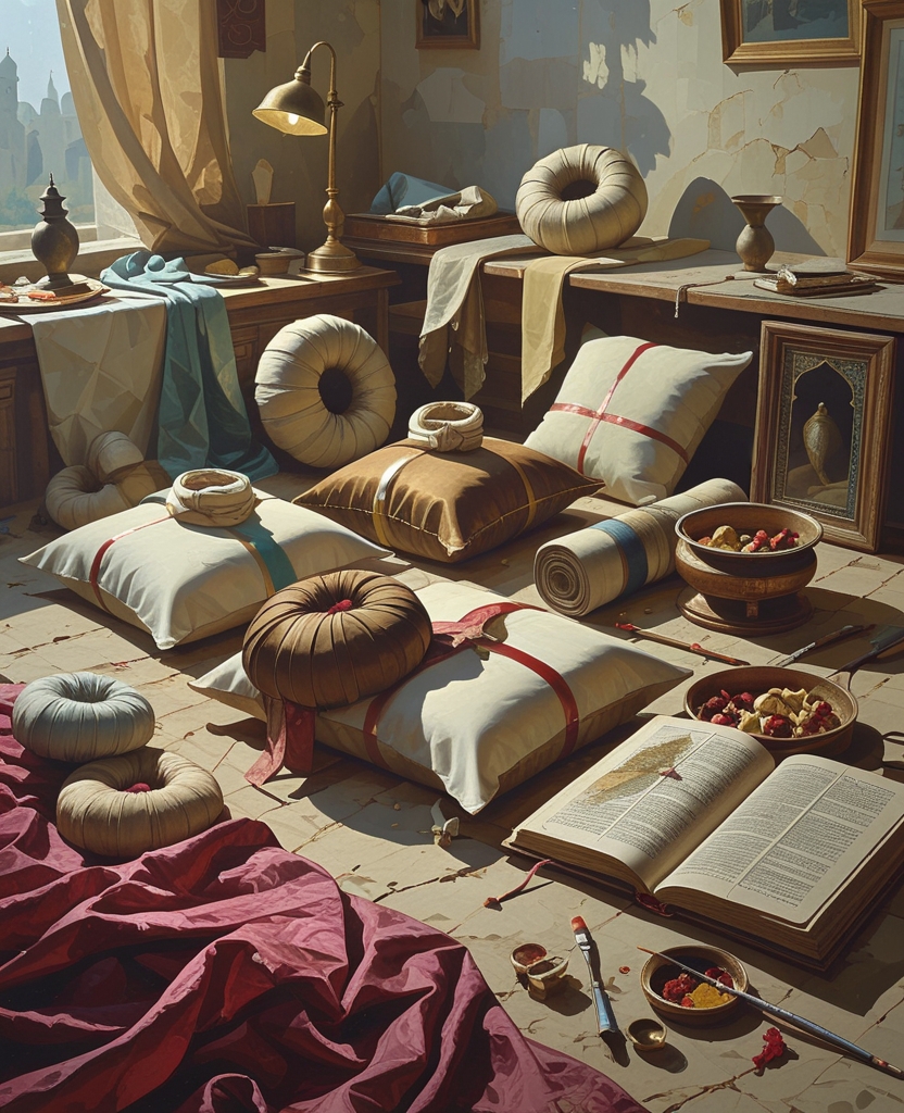 By the light of the lamp, we noticed an unmade bed, sashes tossed randomly upon cushions, vests, two turbans, undershirts, Nimetullah Effendi the Nakshibendi’s Persian dictionary, a wooden turban stand, broadcloth, needle and thread, a small copper pan full of apple peels, quite a few cushions, a velvet bedspread, his paints, his brushes and all of his supplies.