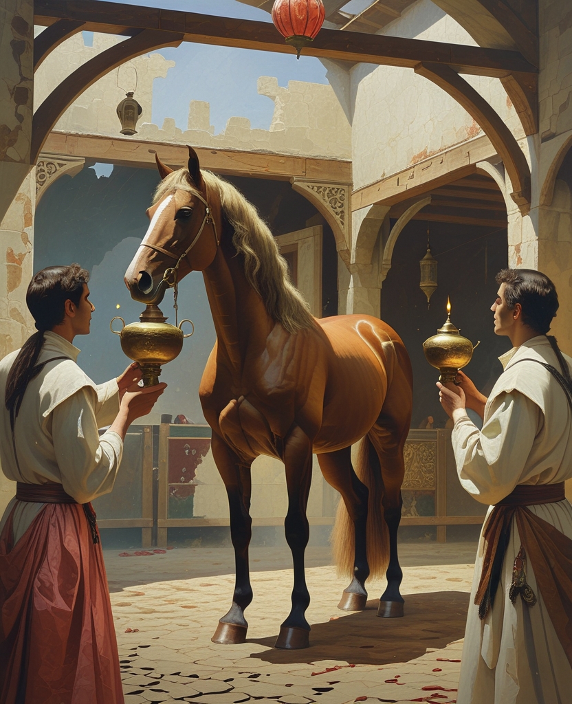 Lowering the lamp we watched the horse in wonder. It resembled the horse made for Enishte’s book, but it was quicker, more careless and catered to a simpler taste, as if somebody had not only paid the illustrator less money and made him work faster, but also forced him to make a rougher and, I suppose precisely for this reason, more realistic horse.