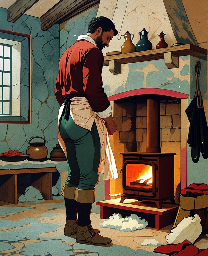 Pleased with the way they watched me by the light of the stove, I pulled on my clean long underwear, the thick shirt of red broadcloth worn under armor in cold weather, woolen socks, the boots of yellow leather, and over them, my gaiters.