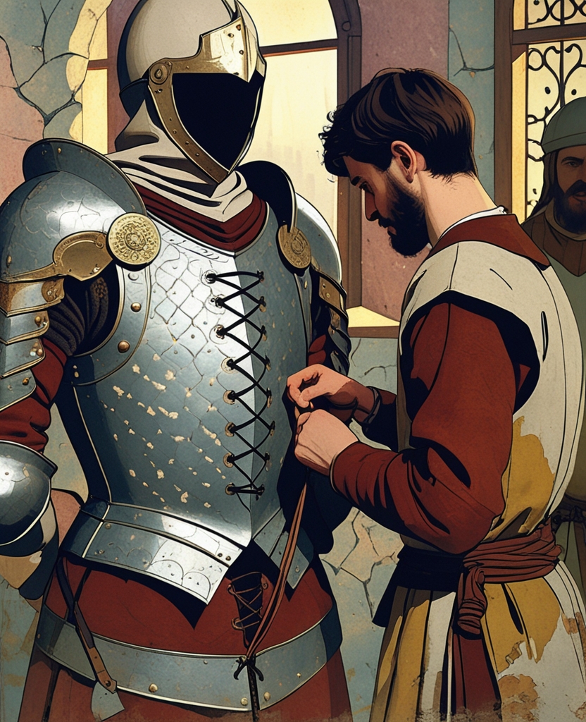 Removing it from its case, I was delighted to put on my breastplate, then I turned my back toward Butterfly and as if ordering a pageboy, had him do up the laces of the armor tightly and ordered him to attach my shoulder plates.