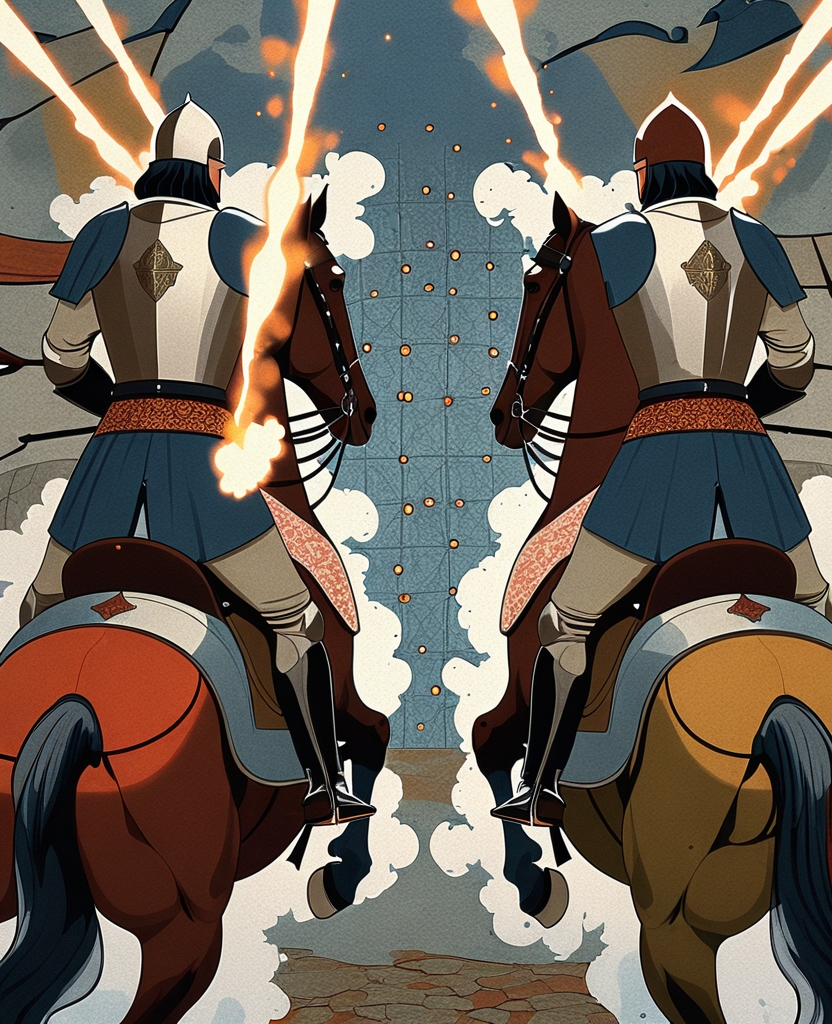 The armored horses of the two warriors engaged each other with such speed that sparks flying from the clash of metal singed the hides of the horses which gave off smoke.