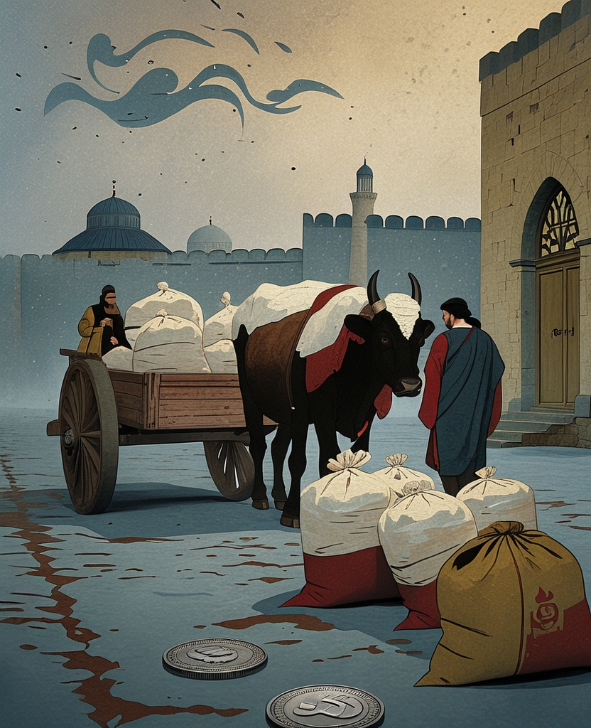 In the heavy darkness, we came across an oxcart half-loaded with sacks of flour heading toward the city walls, and parting with two silver coins, we procured a ride.