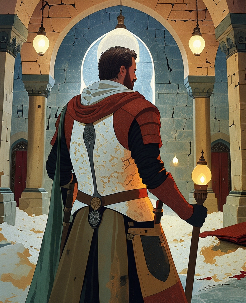 Olive, the backside of whose armor was white with flour, was courageously forging into the heart of the dervish lodge, lamp in hand.