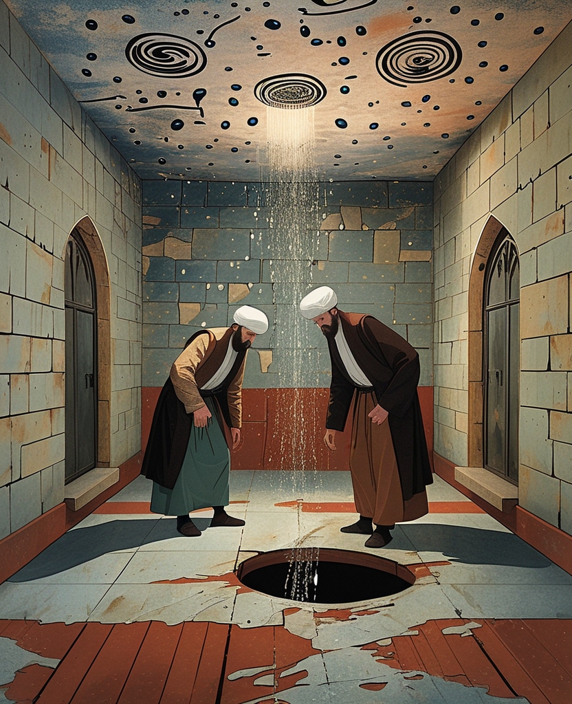 In one of the dervish cells with a leaky ceiling, I pointed out the hole in the