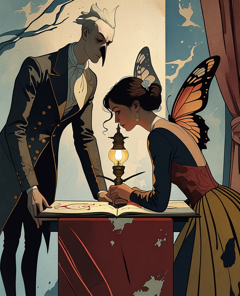 In the pale light of the lamp, Stork and Butterfly were staring at the vulgar pictures in my sketchbook.