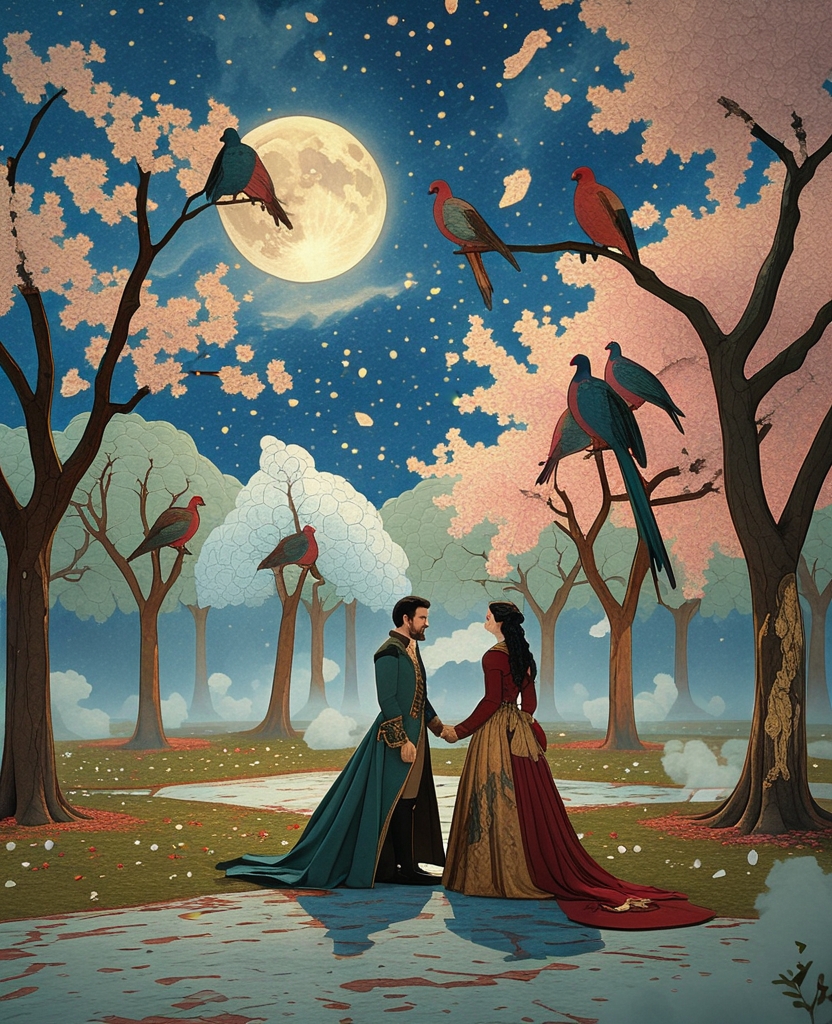 Isolated and mysterious gardens where lovers met on starry nights passed before our eyes: spring trees, fantastic birds, frozen time.