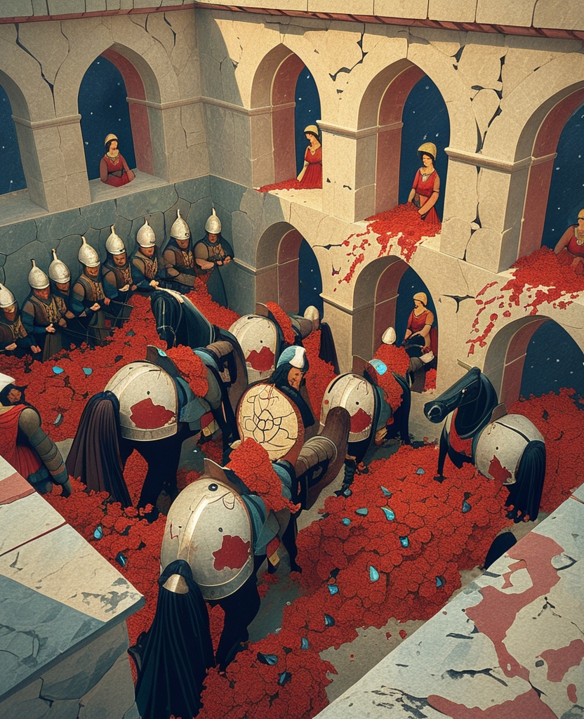 We imagined bloody battles as immediate and alarming as our own nightmares, bodies torn in two, chargers with blood-spattered armor, beautiful men stabbing each other with daggers, the small-mouthed, small-handed, slanted-eye, bowed women watching events from barely open windows.