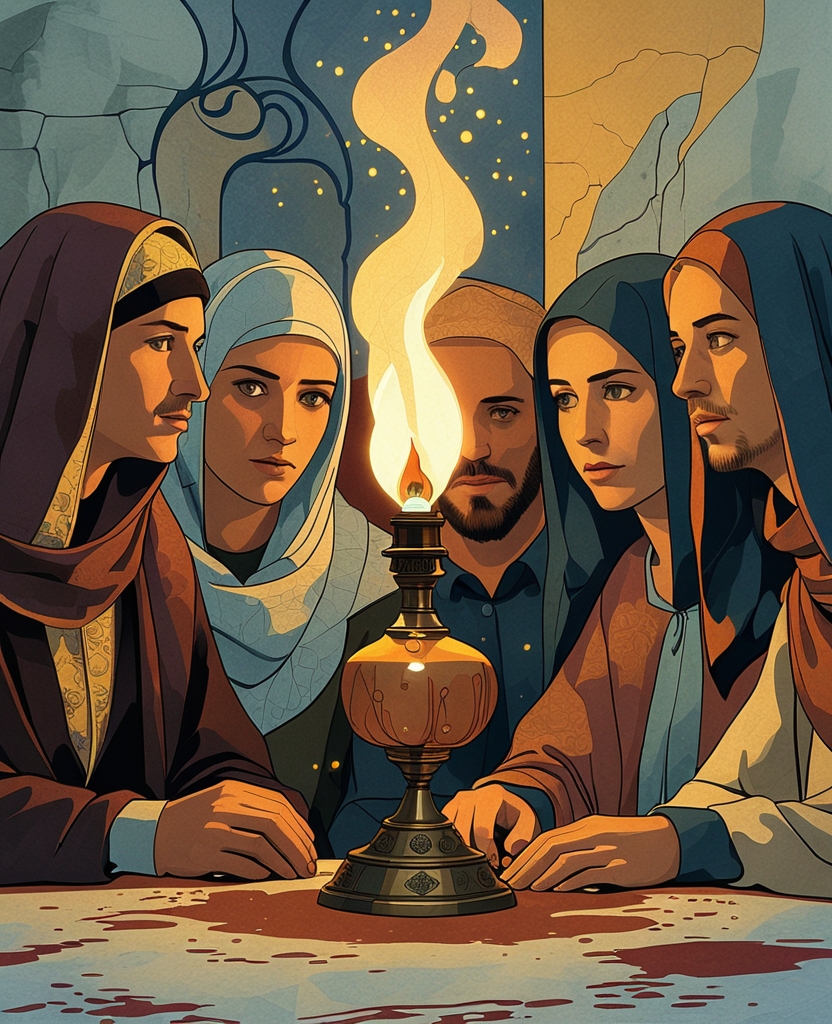 The others watched by the light of the oil lamp that they brought near to us.