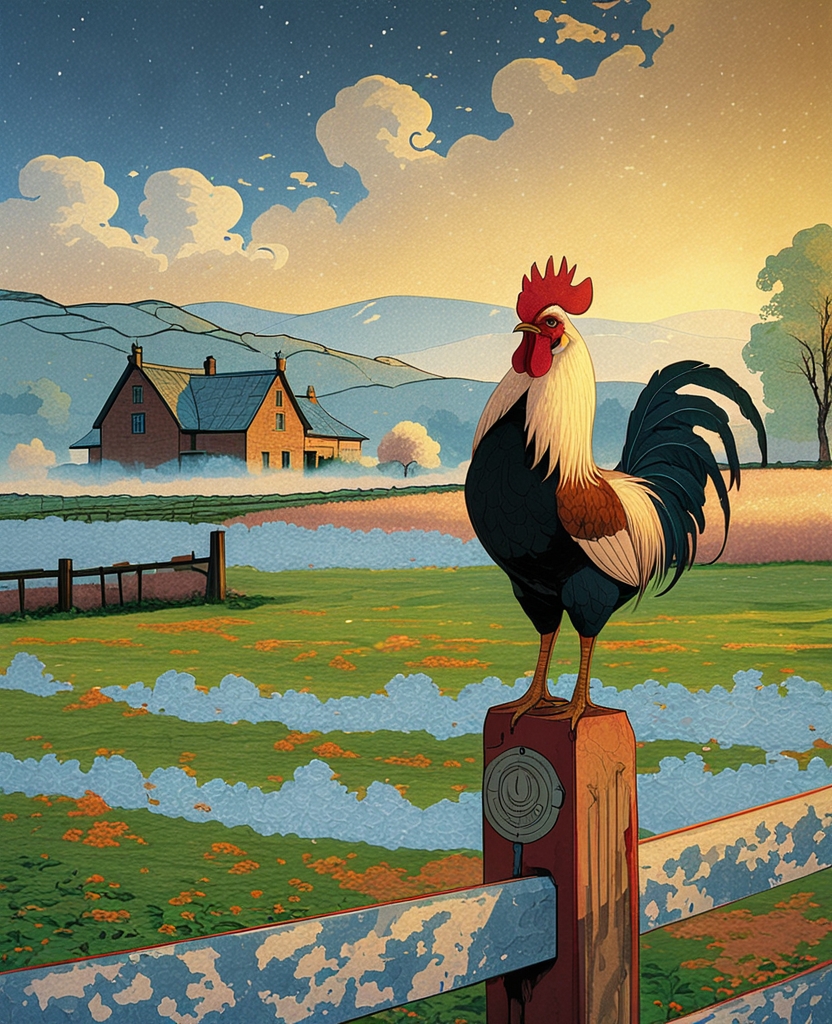 A proud cockerel crowed twice in the distance.