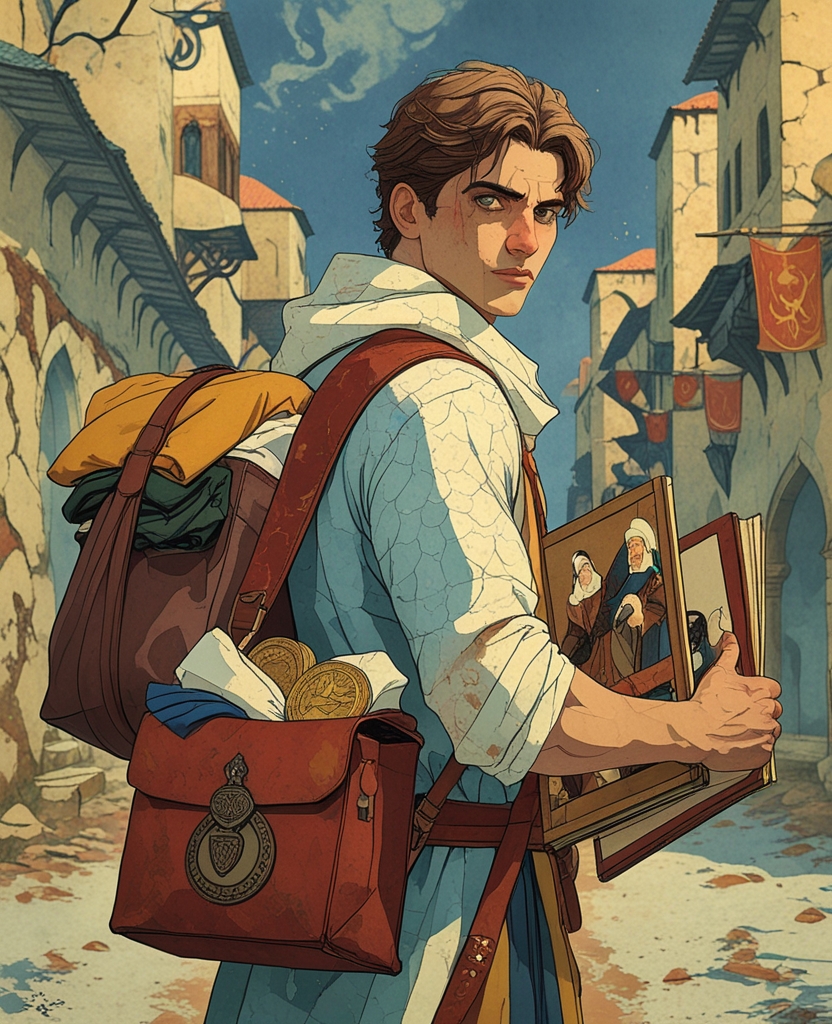 In one hand I held my satchel containing my clothes and gold coins, and under my other arm, the portfolio filled with pictures.