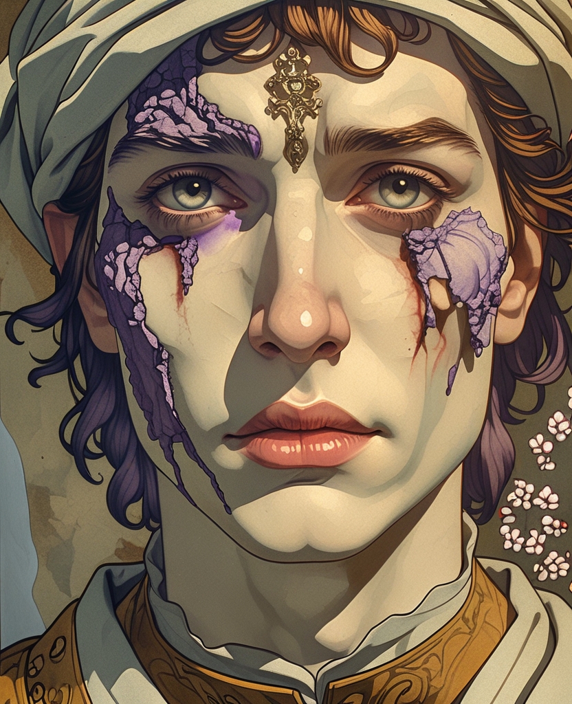 His face was swollen and bruised purple from fighting.