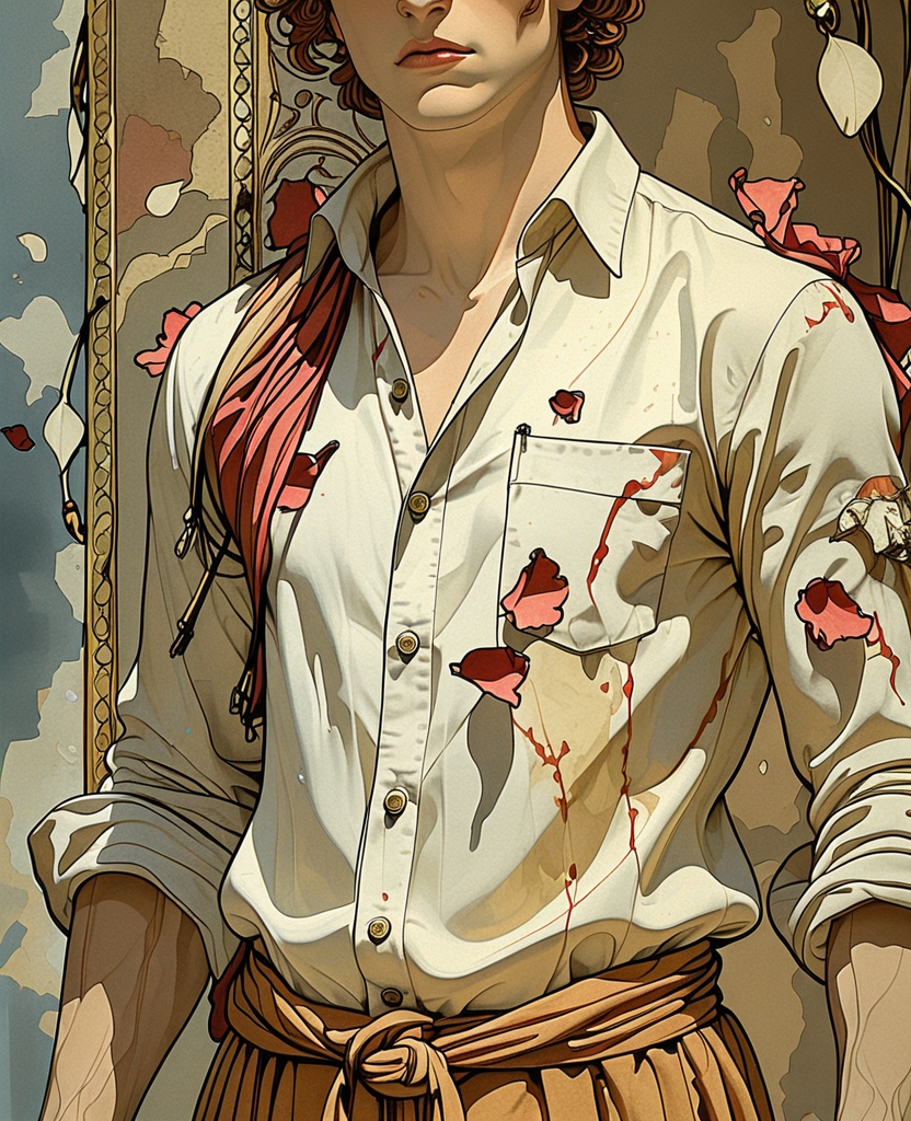 His shirt had turned bright red from the blood.