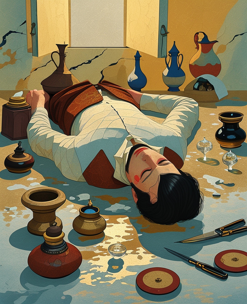 When we opened the shutters, the soft winter sunlight playing on the branches in the garden filled the room, reflected off the ewers, pots, glue boxes, inkwells, pieces of glass and penknives, and illuminated Black’s deathly pale skin, and his flesh-and sour-cherry-colored wounds.