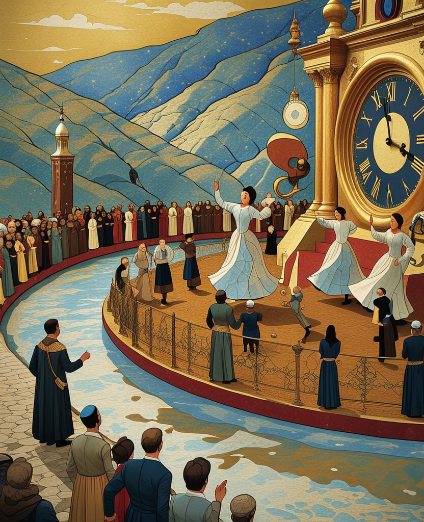 The crowds that collected on the slopes of the Golden Horn or came in caïques to watch, astonished and awed, saw how the life-size statues and ornaments spun around each other purposefully when the huge clock played its noisy and terrifying music, how they danced elegantly and meaningfully by themselves in time to the melody as if they were creations of God rather than of His servants, and how the clock announced the time to all Istanbul with a chime that resembled the sounding of a bell.