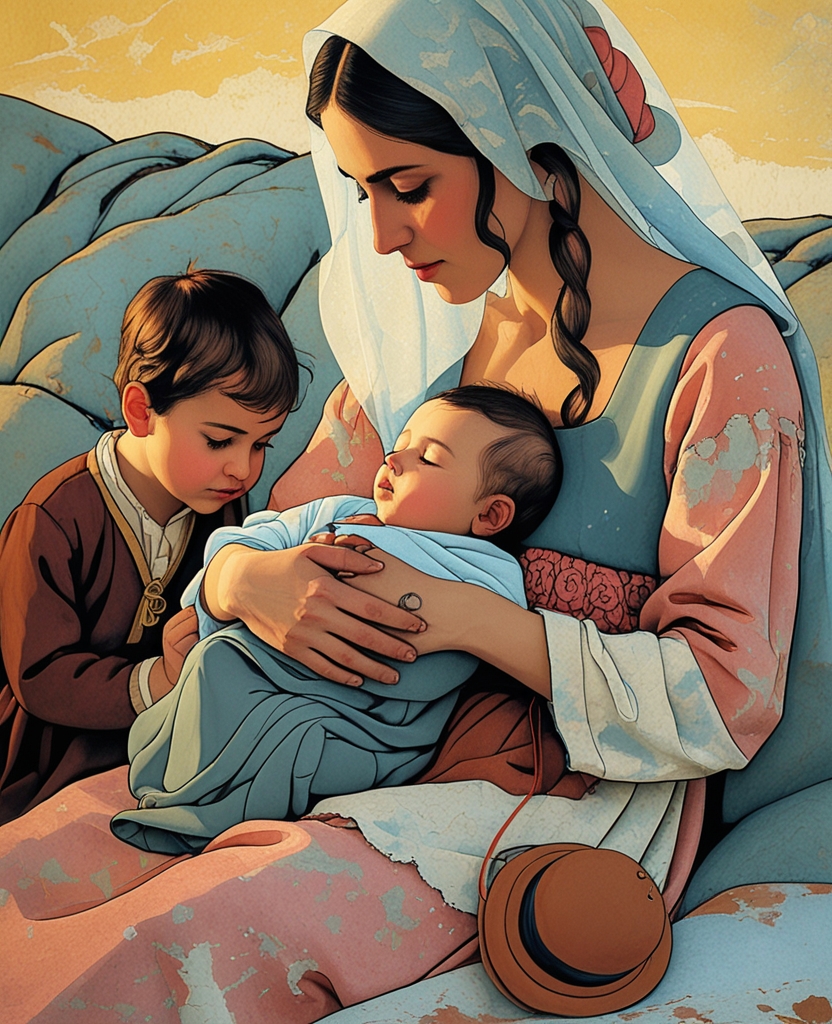 Imagine the picture of a mother with her two children; the younger one, whom she cradles in her arms, nursing him as she smiles, suckles happily at her bountiful breast, smiling as well.