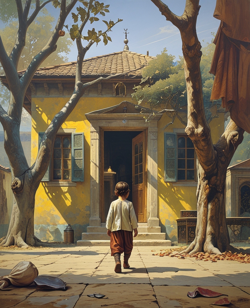 With the confidence of a child who knew the place well, taking firm, rhythmic steps, he entered through the door of a yellow house, which stood before us almost hidden behind somber fig and almond trees.
