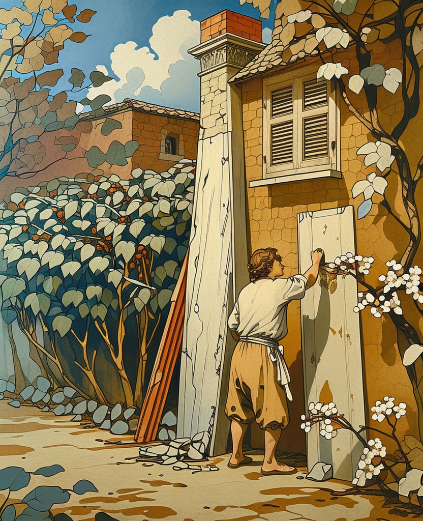 I meandered behind the mulberry bushes and the bay-leaf trees, which had a pleasant aroma even in the coldest weather, and with my usual fastidiousness, I straightened up the wall boards between the collapsed chimney and the window with its dilapidated shutters.