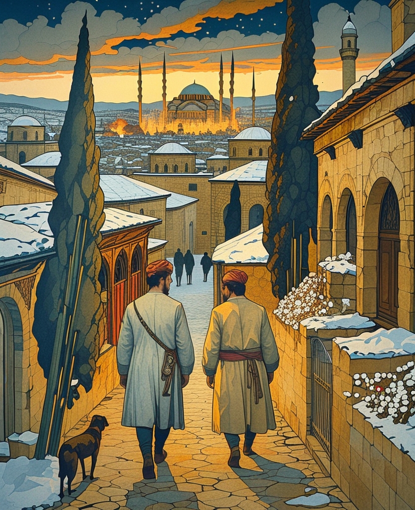 We were two men in love with the same woman; he was in front of me and completely unaware of my presence as we walked through the turning and twisting streets of Istanbul, climbing and descending, we traveled like brethren through deserted streets given over to battling packs of stray dogs, passed burnt ruins where jinns loitered, mosque courtyards where angels reclined on domes to sleep, beside cypress trees murmuring to the souls of the dead, beyond the edges of snow-covered cemeteries crowded with ghosts, just out of sight of brigands strangling their victims, passed endless shops, stables, dervish houses, candle works, leather works and stone walls; and as we made ground, I felt I wasn’t following him at all, but rather, that I was imitating him.