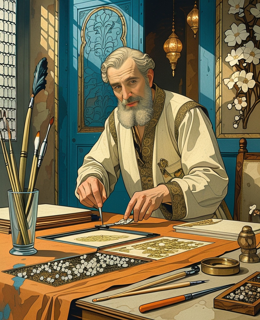 Next, in that shadowy room with the blue door, the old man excited the master miniaturist by flaunting the best paper from Hindustan, brushes made of squirrel hair, varieties of gold leaf, all manner of reed pens and coral-handled penknives, indicating that he would be able to pay handsomely.