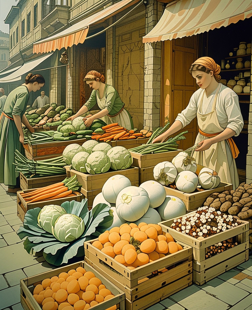 Vegetable-sellers had spread out cabbage, carrots and the rest in front of their shops.
