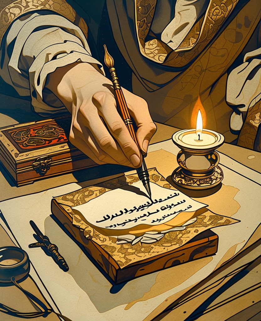 He produced a reed pen from its case, dipped it into an inkwell and began furiously writing on a small piece of paper.