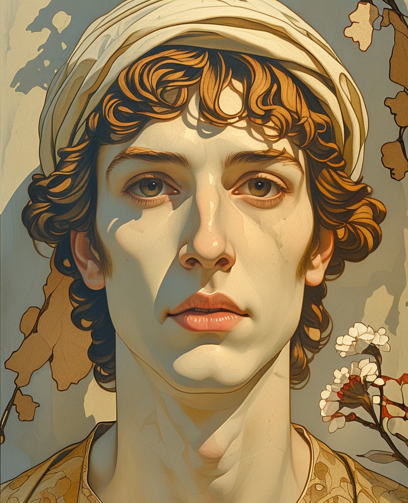 He has a broad forehead, almond-shaped eyes and a strong, straight, elegant nose.