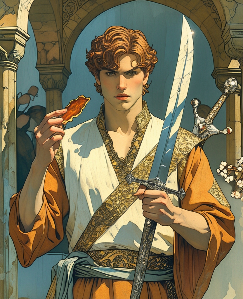 Shevket was holding a strip of dried fruit in one hand and a sword in the other.