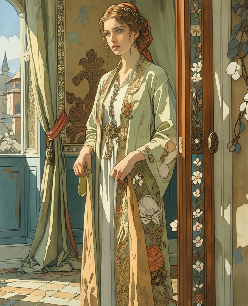 I took out the long pistachio-colored robe my grandmother had embroidered with flowers, and tried it on, but it didn’t please me.