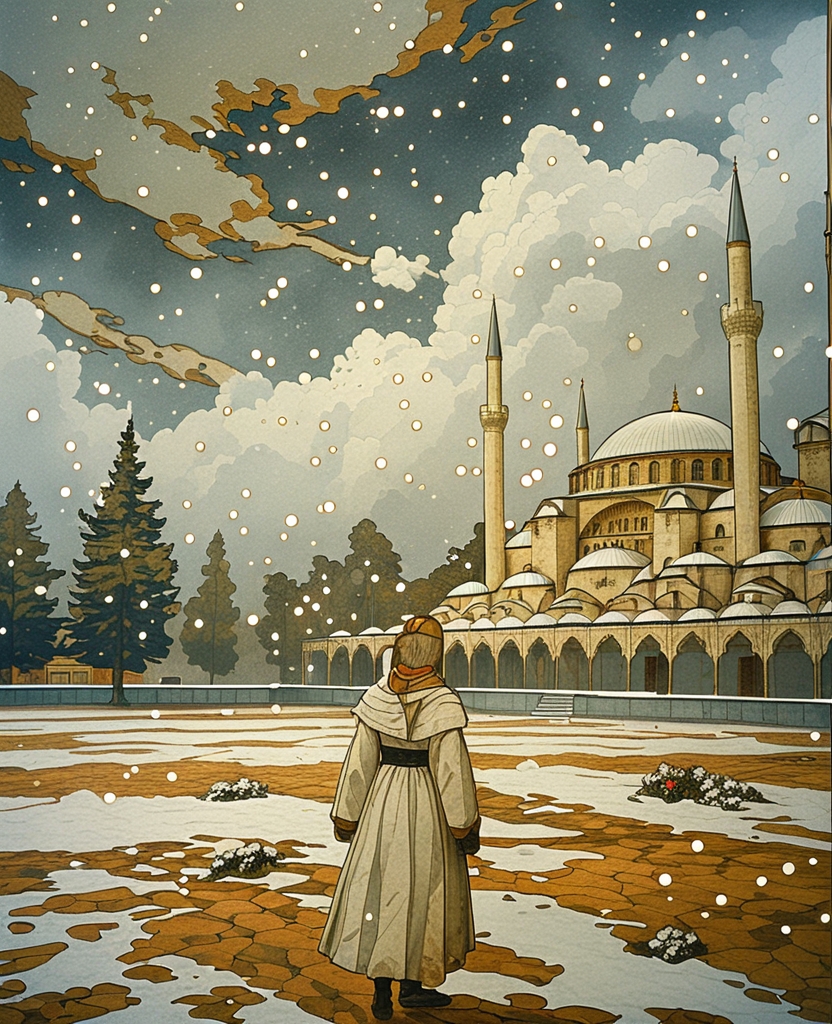 Flakes of snow danced in the air.