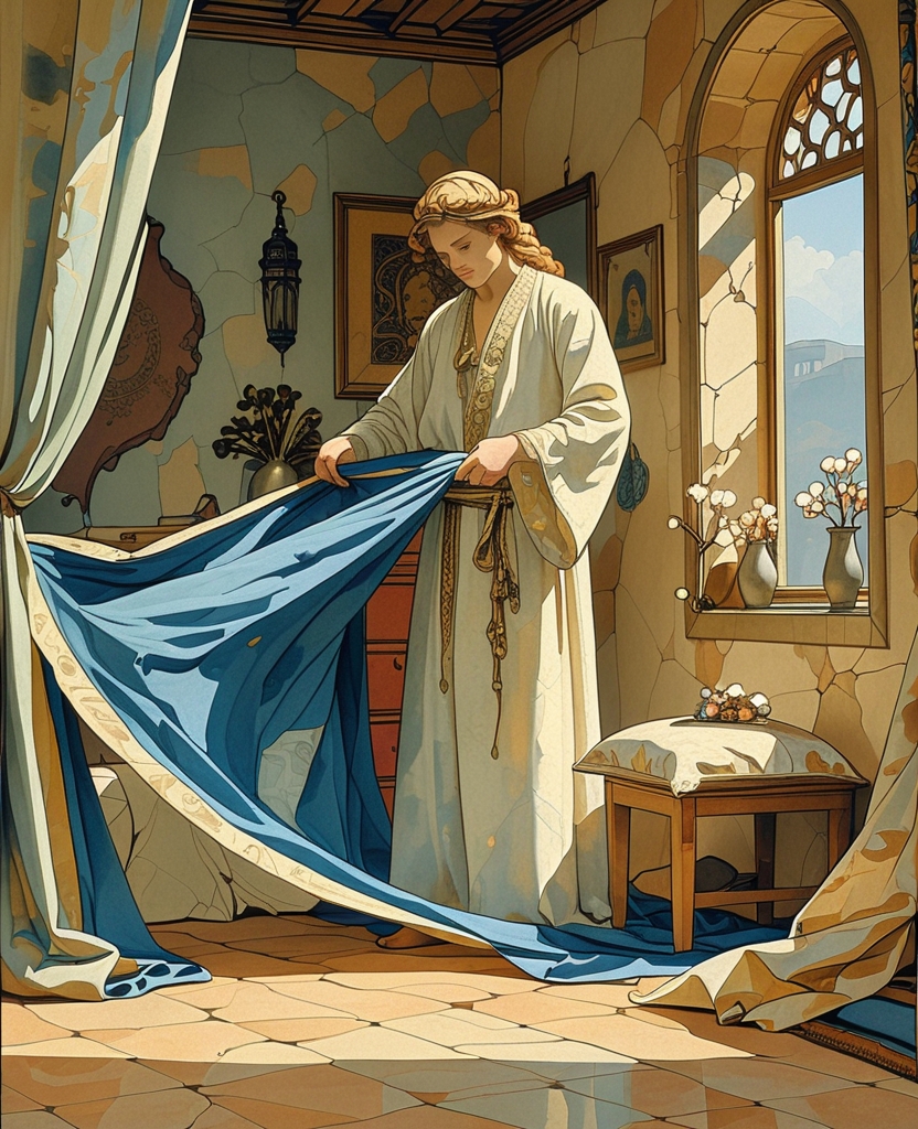 I removed the very long and loose azure-colored woolen robe that my mother had given me and put it on.