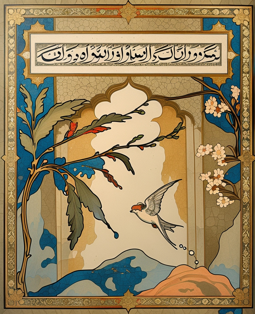 There are certain amazing illustrations that my father has shown me wherein the thrill of the script’s flow matches the swaying of the leaves, the wall ornamentation is echoed in the design of the border gilding and the joy of the swallow’s matchless wings piercing the picture’s border suggests the elation of the lovers.