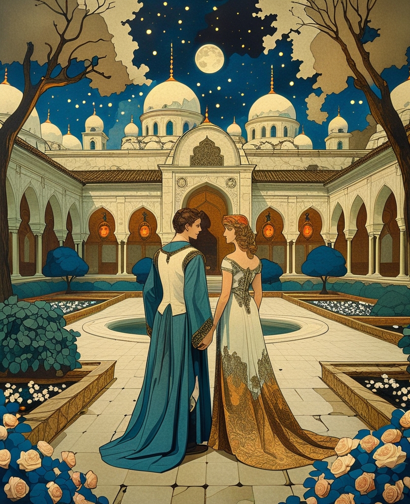 Exchanging glances from afar and tormenting each other with suggestive phrases, the lovers would be depicted so small, so far in the distance, that for a moment it’d seem like the story wasn’t about them at all, but had to do with the starry night, the dark trees, the exquisite palace where they met, its courtyard and its wonderful garden whose every leaf was lovingly and particularly rendered.