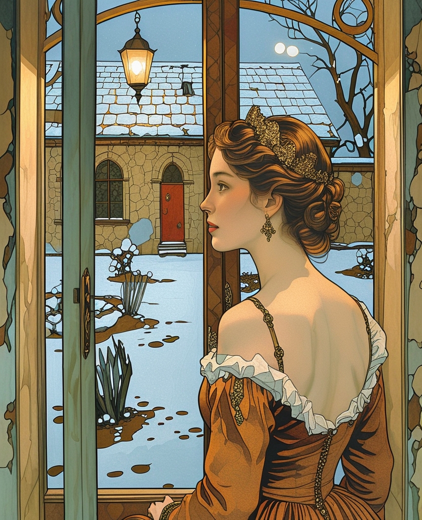 As if she heard someone walking in the dark and snow-covered garden, she turned her sweet face, which for twelve years I hadn’t been able to recall, toward the door and gave me the pleasure of seeing her profile.