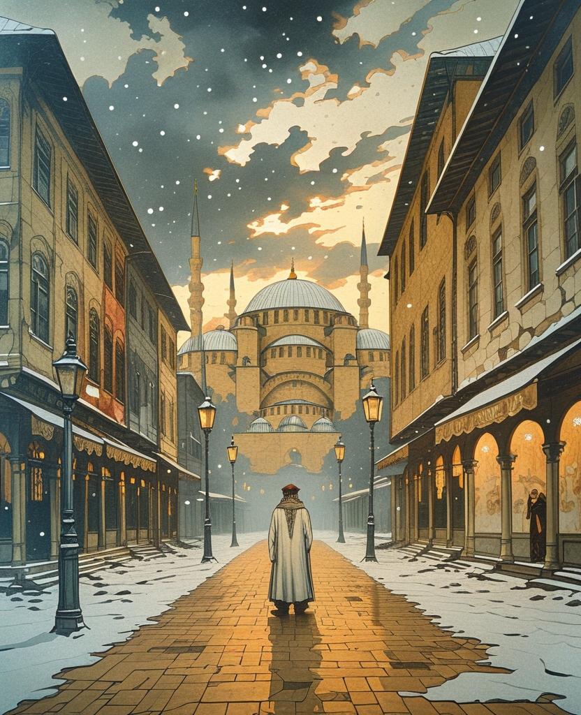 I caught sight of the snow falling onto the streets, which always succumbed to the darkness first, and forgetting that we’d been whispering here, perhaps to avoid disturbing the spirit of the Hanged Jew, I cried out: