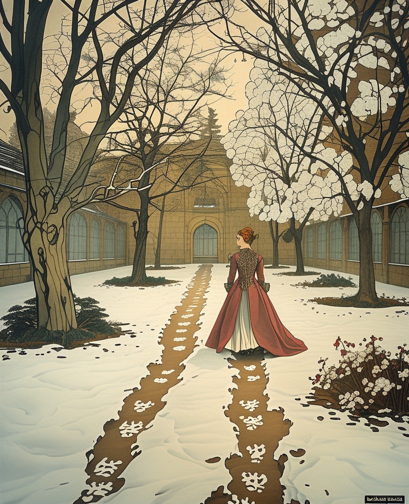 Walking through the old garden, she left delicate footprints in the snow—certain to be erased by the whiteness—and disappeared quietly.