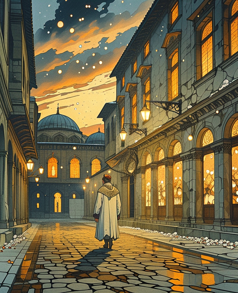 It was evening, the twilight gave way to blackness and a very faint snow fell as I walked down the street where Enishte Effendi lived.