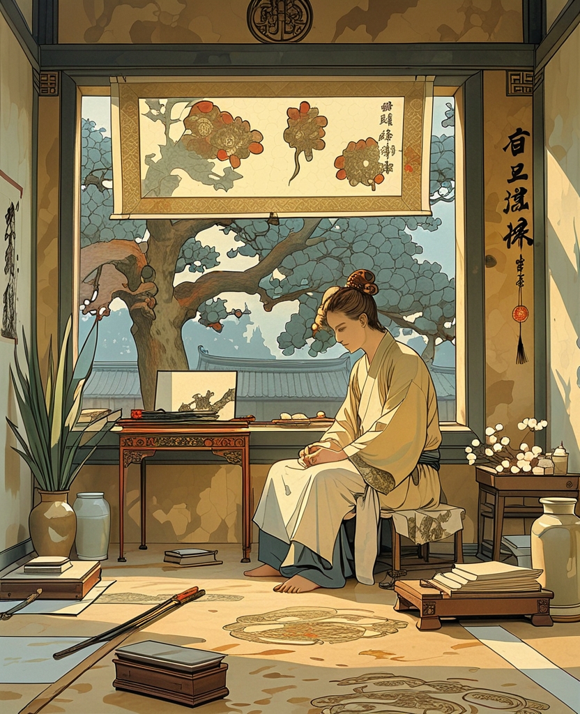 Enough light entered through the narrow beeswax-dipped cloth windowpane—which, when removed in springtime, revealed a pomegranate and plane tree—to distinguish the outlines of objects within the room, enough light to please a humble Chinese illustrator.