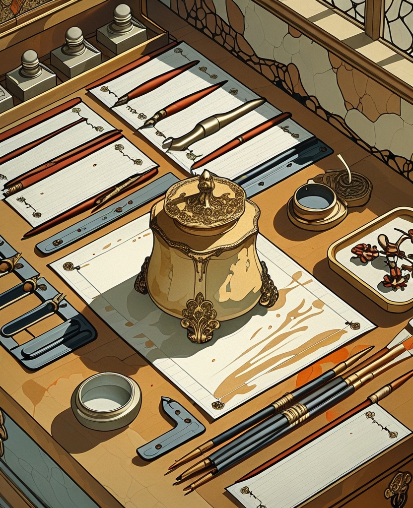 Since I’d been here last, I saw only one new item among the objects collected in trays, resting on the chest, among the pen cases, penknives, nib-cutting boards, inkwells and brushes: a bronze inkpot.