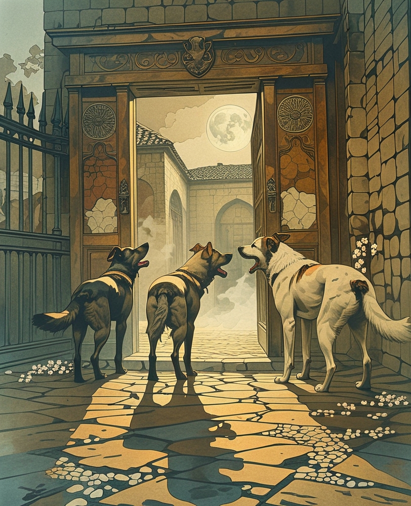 Outside, just in front of the courtyard gate, the dogs began a frenzied howling.