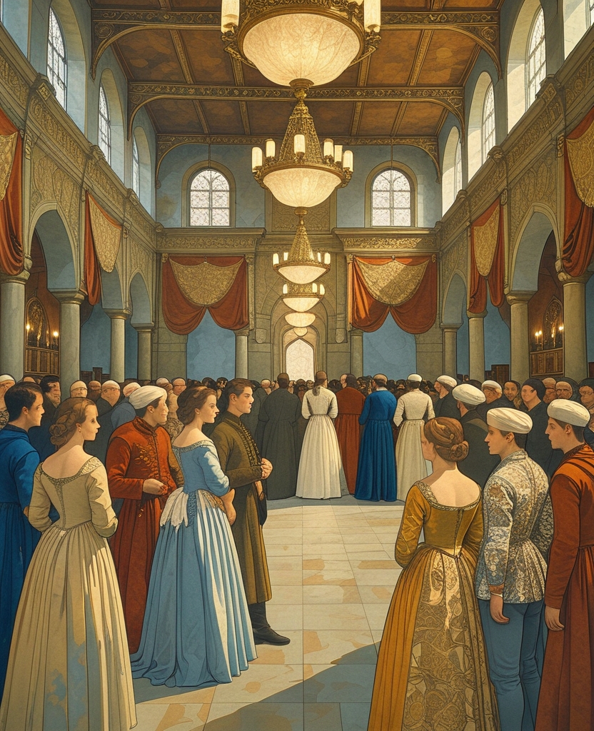 When you portray a crowded gathering, the tension emerging from the glances between figures, their positioning on the page and the meaning of the text metamorphose into an elegant eternal whisper.