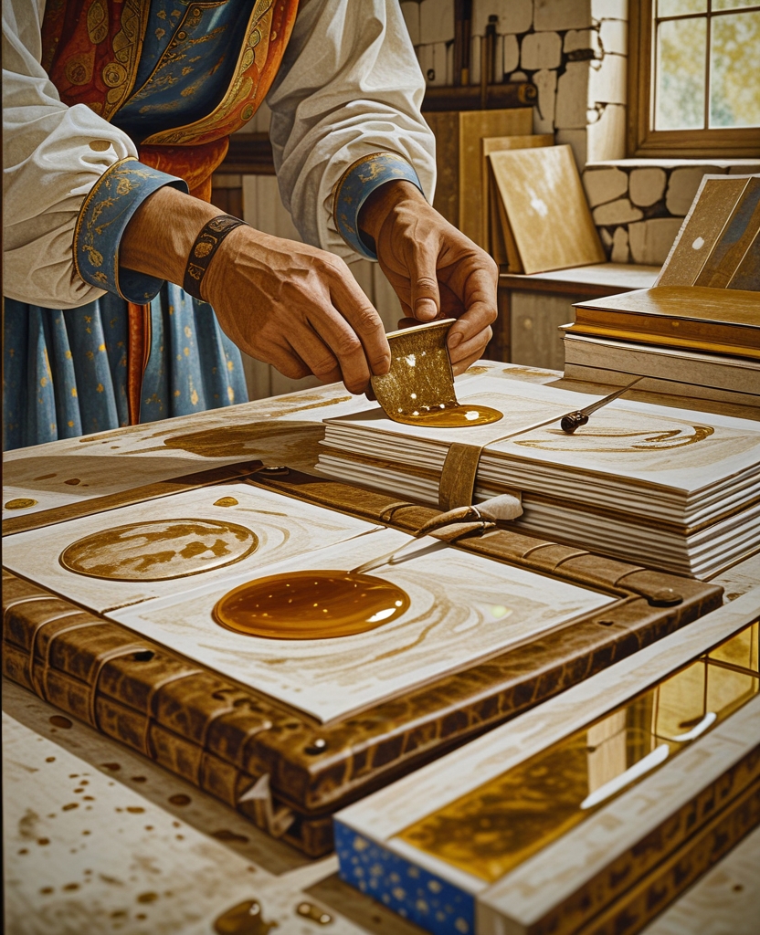 The Arabian glue used in the bindings contains fish, honey and bone, and the pages are sized and polished with a finish made from egg white and starch.