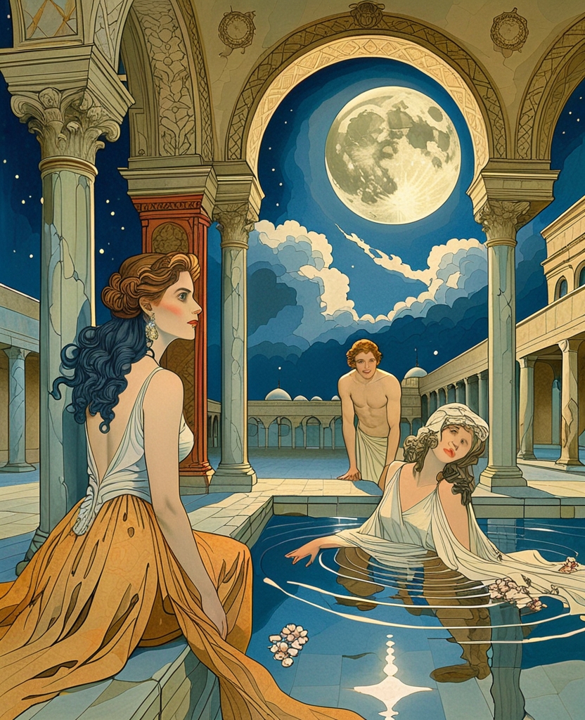 Shirin proudly watching Hüsrev from a window; Hüsrev delightfully spying on Shirin as she bathes by moonlight;