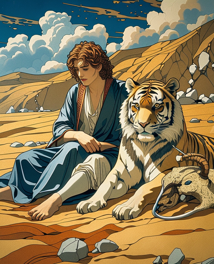 the anguished state of a lovelorn Mejnun befriending a white tiger and a mountain goat in the desert;