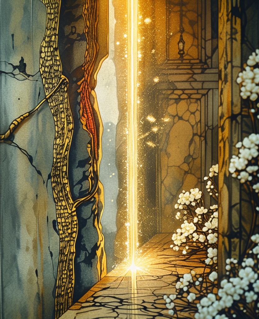 A fine thread of light is filtering from within.