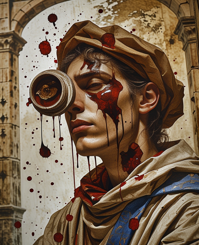 His face and his entire body had become bright red from the ink splattering out of the inkpot, and I suppose, from the blood splattering out of me.