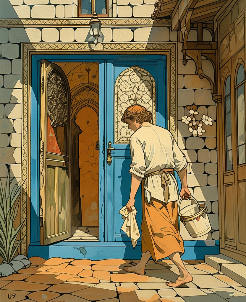 Carrying the bucket and rag, I was about to enter the room with the blue door when I heard the courtyard gate swing open.