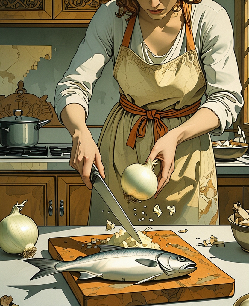 The knife and onion she was holding fell from her hands and hit the cutting board with such force that the fish she was preparing flopped.